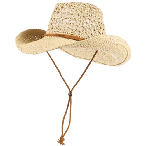 Stroh Cowboyhut breiter Krempel hohlhöhle Strohhüte für Männer atmungsaktivem Strandhut mit Kinngurt UV Schutz lässig stilvolle Sonnenhut für Outdoor, Beige, Strohhalm von Cunlvyyds