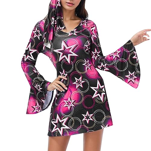 Hippie Kleid Damen, 60er 70er Kleid Hippie Kleidung Frauen Mädchen Disco Kleider, Mode Retro Outfit mit 60er Jahre Kostüm Zubehör, Elegant Bekleidung Damen für Karneval Party S-XXL von Cvanxluy