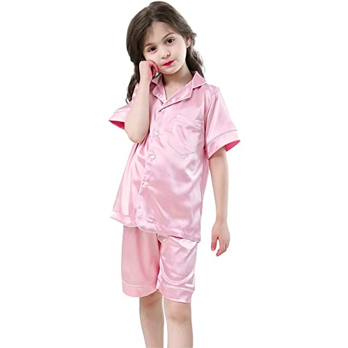 Schlafanzug für Mädchen Silk Pyjama Set 2-Teilig Button-Down Shirt+Short Bequem Atmungsaktiv Shorty Seide Kinder Klassische Nachtwäsche Elastische Taille Loungewear Kurz Sommer Tops Baby Kleidung von Cvanxluy