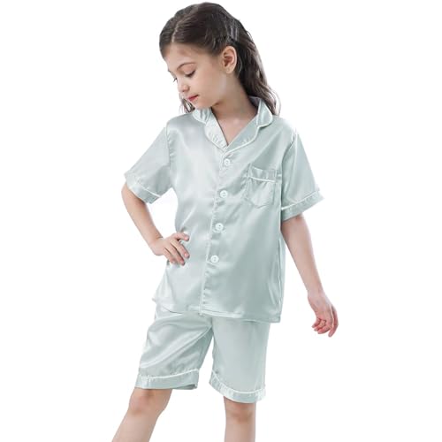 Schlafanzug für Mädchen Silk Pyjama Set 2-Teilig Button-Down Shirt+Short Bequem Atmungsaktiv Shorty Seide Kinder Klassische Nachtwäsche Elastische Taille Loungewear Kurz Sommer Tops Baby Kleidung von Cvanxluy