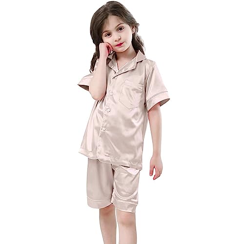 Schlafanzug für Mädchen Silk Pyjama Set 2-Teilig Button-Down Shirt+Short Bequem Atmungsaktiv Shorty Seide Kinder Klassische Nachtwäsche Elastische Taille Loungewear Kurz Sommer Tops Baby Kleidung von Cvanxluy