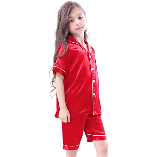 Schlafanzug für Mädchen Silk Pyjama Set 2-Teilig Button-Down Shirt+Short Bequem Atmungsaktiv Shorty Seide Kinder Klassische Nachtwäsche Elastische Taille Loungewear Kurz Sommer Tops Baby Kleidung von Cvanxluy