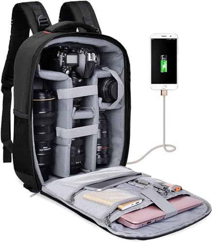 Cwatcun Kamerarucksack Wasserdicht Professionelle Spiegellose DSLR SLR Kameratasche Kompatibel für Sony Canon Nikon Kamera und Objektiv Stativ Zubehör (Schwarz) von Cwatcun