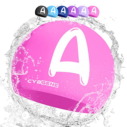 CybGene Silikon Initiale Namen Badekappe für Kinder, Kind Buchstabe Schwimmkappe Bademütze für Kinder Schwimmunterricht-Großer Kopfumfang-Rosa-A von CybGene