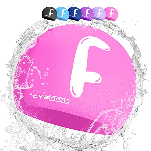 CybGene Silikon Initiale Namen Badekappe für Kinder, Kind Buchstabe Schwimmkappe Bademütze für Kinder Schwimmunterricht-Großer Kopfumfang-Rosa-F von CybGene
