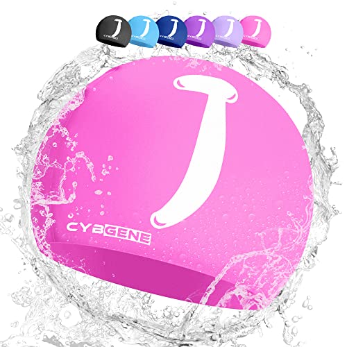 CybGene Silikon Initiale Namen Badekappe für Kinder, Kind Buchstabe Schwimmkappe Bademütze für Kinder Schwimmunterricht-Großer Kopfumfang-Rosa-J von CybGene