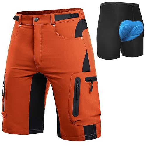 Cycorld MTB Hose Herren Radhose, Schnelltrocknend Mountainbike Hose Fahrradhose mit 4D Sitzpolster, Elastische Sport Radlerhose Shorts (Orange-rot mit Unterwäsche, L) von Cycorld