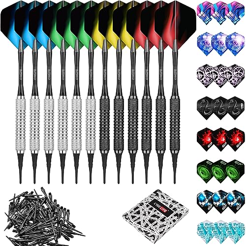 CyeeLife 12 Stück Soft Dartpfeile 16 Gr. mit PVC Schäften+50 Dart Spitzen+36 Flights,Professionelle Softdart Set von CyeeLife