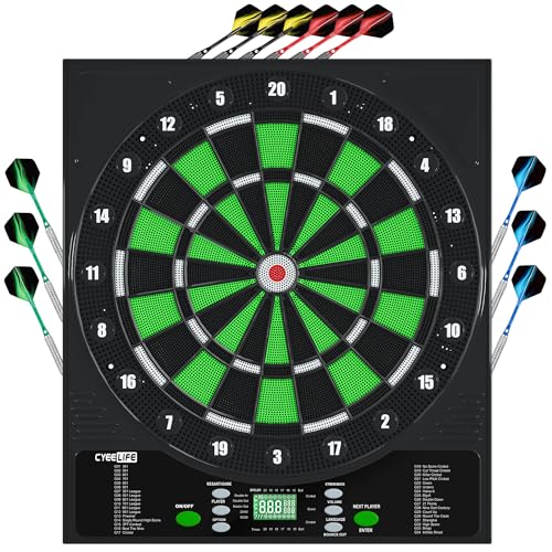 Cyeelife Elektronische Dartscheibe,Dartboard mit 12 Darts,24 Pro Flights 50 Pfeilspitzen und Zubehör,Batterie/Adapter/deutsch-English 3-Sprachenwechse,Dart für 1 bis 8 Spieler von CyeeLife