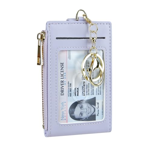 Cynure Damen & Herren Leder RFID Blocking Kartenhalter Slim Small Zipper Keychain Fronttasche Geldbörse mit 2 ID Fenster, 1-Plain Light Purple von Cynure