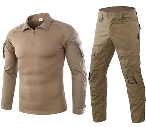 Czen Herren Tactical Shirt Militär Hemden Langarm Shirts Hosenanzüge Airsoft BDU Shirt Paintball Camouflage Outfit (Khaki, S) von Czen
