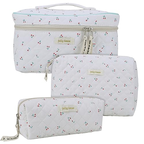 DAMAIAZG Multifunktionale Aufbewahrungsbeutel für Damen, 3 Stück, Baumwolle, gesteppt, Make-up-Tasche, Kosmetiktasche, ästhetisch, niedlich, Kawaii-Bär/Erdbeer-Make-up-Tasche für Frauen und Mädchen, von DAMAIAZG