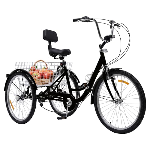 DAOHHFO Dreirad für Erwachsene 24 Zoll Klappbar, 3 Räder 7 Gang Adult Fahrrad Freizeit-Einkaufsmobilität Senioren Tricycle, Tricycle Cruise Fahrrad mit LED-Licht Gemüsekorb&Becherhalter (Schwarz) von DAOHHFO