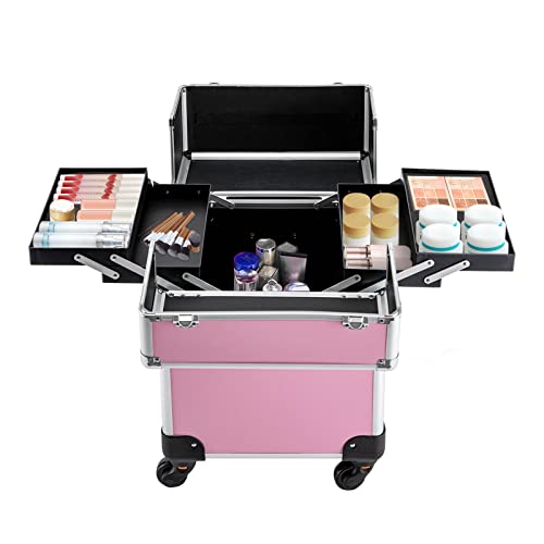 DAOHHFO Kosmetikkoffer Trolley, Kosmetikkoffer Damen Friseurkoffer Nagelkoffer Beautycase Mit Dreiteiligem Wagen, Abnehmbare Schaumstoffwanne, 4xGeräuscharme Universalrollen, Max. 100KG (Rosa) von DAOHHFO