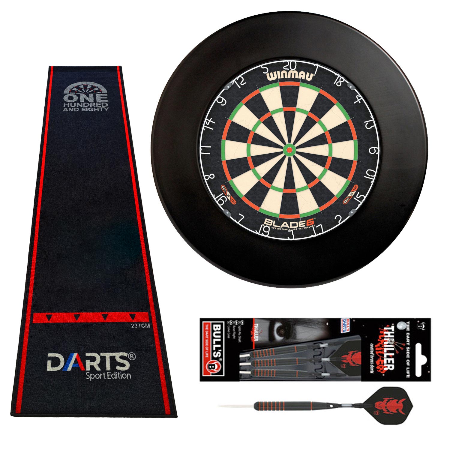 Winmau Blade 6 Set mit DARTS Sport Edition Surround schwarz + OneHundred Eighty Dart Teppich und 22g Steeldarts Winmau Blade 6 Set mit DARTS Sport Edition Surround schwarz + OneHundred Eighty Dart Teppich und 22g Steeldarts von DARTS Sport Edition