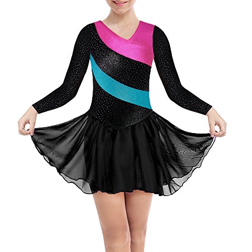 DAXIANG Gymnastik-Turnanzug für Mädchen Longsleeve ärmellose Rainbow Stripes mit Ballett Tüll Kleid Rock (Black, 110(3-4Y)) von DAXIANG