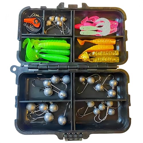 DAYUYUE 1g-5g 25 Micro Jig Köpfe Set mit T Weichködern und Curly Tail Kunstködern inklusive 6 Angelzubehör und Köderbox für Süsswasser und Salzwasser DAYUYUE 1g-5g 25 Micro Jig Köpfe Set mit T Weichködern und Curly Tail Kunstködern inklusive 6 Angelzubehör und Köderbox für Süsswasser und Salzwasser von DAYUYUE