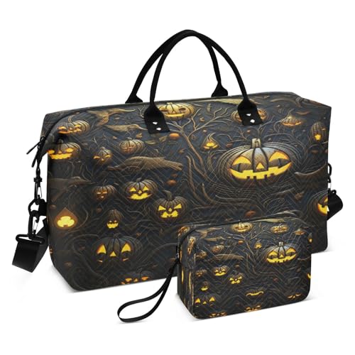 Halloween-Kunst Gelber Kürbis Sporttasche Handtasche mit Make-up Aufbewahrungstasche Badetasche für Reisen Mädchen Männer von DDDIYEU