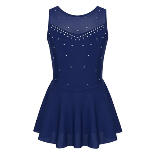 DDJITUO Eiskunstlauf Kleid, Ärmelloses Netz-Wettkampfkostüm mit glitzernden Strasssteinen, Gymnastik-Lyrisches Ballett-Tanztrikot, Eislaufkleid,2XS, Navy Blue von DDJITUO