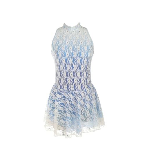 DDJITUO Eiskunstlauf Kleid, Ärmelloses Wettkampfkostüm mit Farbverlauf und Spitzenblumen, Gymnastik-Ballett-Tanzkleid,2XS,Blue von DDJITUO