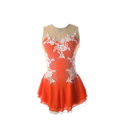 DDJITUO Eiskunstlauf Kleid, Ärmelloses Wettkampfkostüm mit Spitzenblumen und Strasssteinen, Gymnastik-Ballett-Tanz-Trikotkleid,XL,Orange von DDJITUO