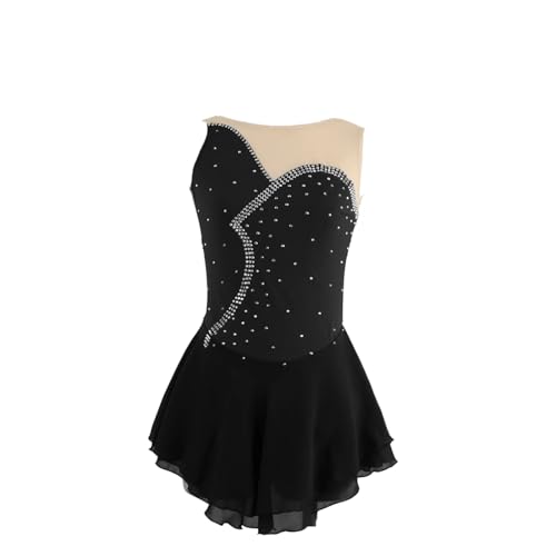 DDJITUO Eiskunstlauf Kleid, Ärmelloses Wettkampfkostüm mit glänzenden Strass-Stickereien, Gymnastik-Lyrisches Ballett-Tanz-Trikot, Eislaufkleid,3XL, Black von DDJITUO