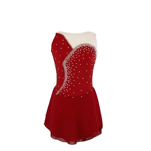 DDJITUO Eiskunstlauf Kleid, Ärmelloses Wettkampfkostüm mit glänzenden Strass-Stickereien, Gymnastik-Lyrisches Ballett-Tanz-Trikot, Eislaufkleid,M, Wine red von DDJITUO