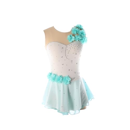 DDJITUO Eiskunstlauf Kleid, Chiffon-Blumen-Kostüm mit glänzenden Strasssteinen, Turnanzugkleid für Ballett und Tanz,S,Blue von DDJITUO