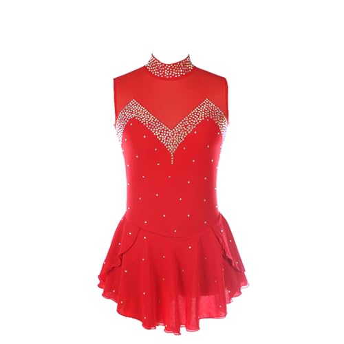 DDJITUO Eiskunstlauf Kleid, Einfaches ärmelloses Wettkampfkostüm mit Strasssteinen, Gymnastik-Ballett-Tanz-Trikotkleid,XS,Red von DDJITUO