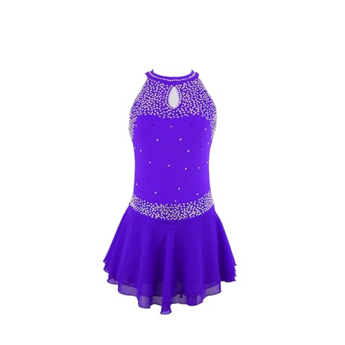 DDJITUO Eiskunstlauf Kleid, Einfaches rückenfreies ärmelloses mit Strasssteinen besetztes Wettkampfkostüm, Gymnastik-, lyrisches Ballett- und Tanztrikot, Eislaufkleid,3XL, Violet von DDJITUO