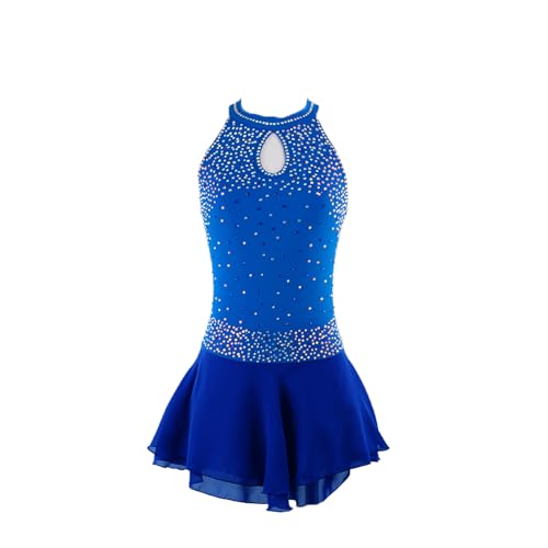 DDJITUO Eiskunstlauf Kleid, Einfaches rückenfreies ärmelloses mit Strasssteinen besetztes Wettkampfkostüm, Gymnastik-, lyrisches Ballett- und Tanztrikot, Eislaufkleid,XS,Royal Blue von DDJITUO