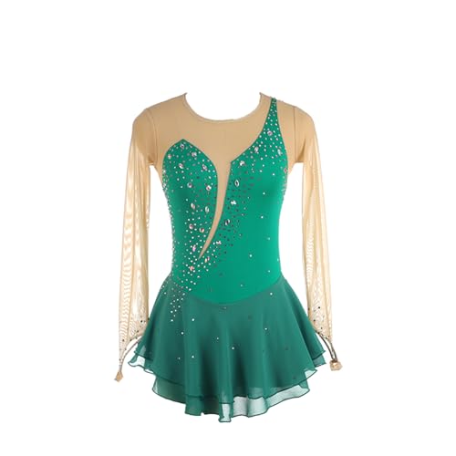 DDJITUO Eiskunstlauf Kleid, Einfaches rundhalsiges mit Strass besetztes Netzgewebe mit Fingerspitzenärmeln Wettkampfkostüm, Gymnastik-Ballett-Tanz-Trikotkleid,XS,Peacock Green von DDJITUO