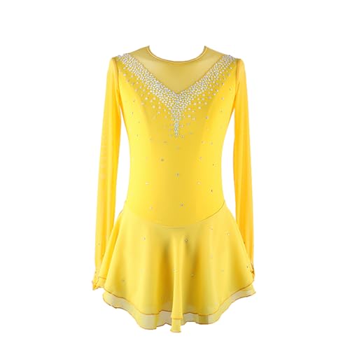 DDJITUO Eiskunstlauf Kleid, Einfarbiges Netz-Ärmelchen mit glitzernden Strasssteinen Wettkampfkostüm, Gymnastikanzug für lyrischen Balletttanz,L, Yellow von DDJITUO