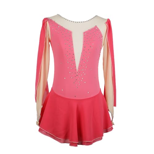 DDJITUO Eiskunstlauf Kleid, Elegantes Wettkampfkostüm mit Ärmeln und Rautenmuster, Gymnastikanzug für Ballett und Tanz,2XS,Pink von DDJITUO