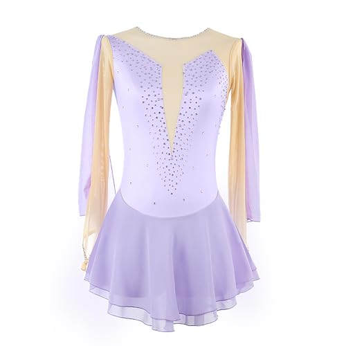 DDJITUO Eiskunstlauf Kleid, Elegantes Wettkampfkostüm mit Ärmeln und Rautenmuster, Gymnastikanzug für Ballett und Tanz,L,Purple von DDJITUO