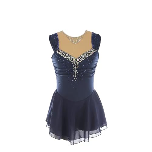 DDJITUO Eiskunstlauf Kleid, Elegantes ärmelloses Wettkampfkostüm mit Strasssteinen, Gymnastik-Ballett-Tanz-Trikotkleid,3XL, Navy Blue von DDJITUO