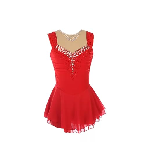 DDJITUO Eiskunstlauf Kleid, Elegantes ärmelloses Wettkampfkostüm mit Strasssteinen, Gymnastik-Ballett-Tanz-Trikotkleid,3XS, Red von DDJITUO