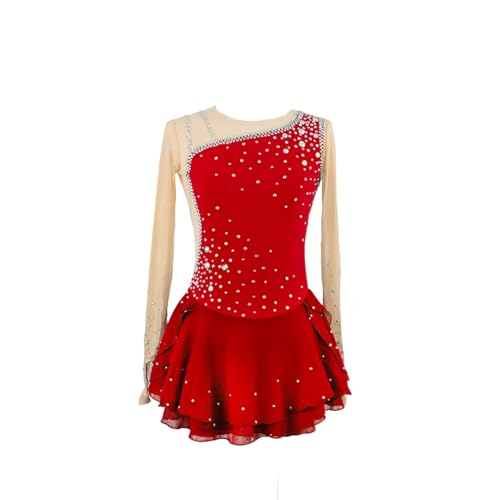 DDJITUO Eiskunstlauf Kleid, Elegantes mit Strasssteinen besetztes langärmliges Wettkampfkostüm, Gymnastik-, Lyrischer-Ballett-Tanz-Trikotanzug, Eislaufkleid,3XS, Red von DDJITUO