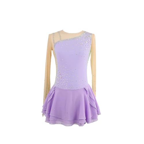 DDJITUO Eiskunstlauf Kleid, Elegantes mit Strasssteinen besetztes langärmliges Wettkampfkostüm, Gymnastik-, Lyrischer-Ballett-Tanz-Trikotanzug, Eislaufkleid,L, Light Purple von DDJITUO