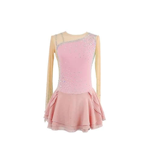 DDJITUO Eiskunstlauf Kleid, Elegantes mit Strasssteinen besetztes langärmliges Wettkampfkostüm, Gymnastik-, Lyrischer-Ballett-Tanz-Trikotanzug, Eislaufkleid,L, Light pink von DDJITUO