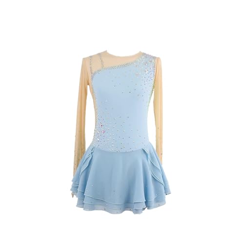 DDJITUO Eiskunstlauf Kleid, Elegantes mit Strasssteinen besetztes langärmliges Wettkampfkostüm, Gymnastik-, Lyrischer-Ballett-Tanz-Trikotanzug, Eislaufkleid,XL, Aqua von DDJITUO