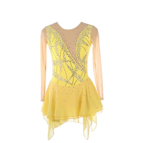 DDJITUO Eiskunstlauf Kleid, Glänzendes mit Strasssteinen besetztes langärmliges Wettkampfkostüm, Gymnastik-Ballett-Tanz-Trikotkleid,2XS,Yellow von DDJITUO