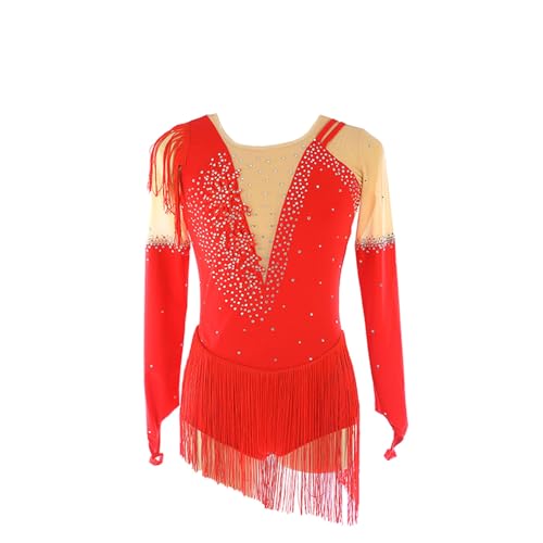 DDJITUO Eiskunstlauf Kleid, Klassisches Wettkampfkostüm mit glitzernden Strasssteinen und Quasten, Gymnastik-Ballett-Tanz-Trikotkleid,2XL,Red von DDJITUO