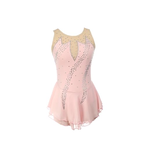 DDJITUO Eiskunstlauf Kleid, Klassisches ärmelloses Wettkampfkostüm mit Strasssteinen, Gymnastik-Ballett-Tanz-Trikotkleid,2XL,Light pink von DDJITUO