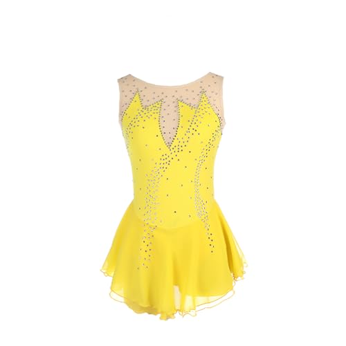 DDJITUO Eiskunstlauf Kleid, Klassisches ärmelloses Wettkampfkostüm mit Strasssteinen, Gymnastik-Ballett-Tanz-Trikotkleid,2XS, Yellow von DDJITUO