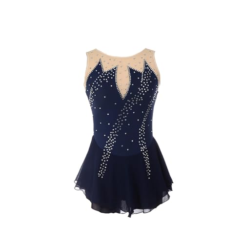 DDJITUO Eiskunstlauf Kleid, Klassisches ärmelloses Wettkampfkostüm mit Strasssteinen, Gymnastik-Ballett-Tanz-Trikotkleid,S, Navy Blue von DDJITUO