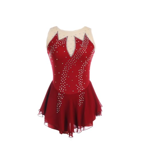 DDJITUO Eiskunstlauf Kleid, Klassisches ärmelloses Wettkampfkostüm mit Strasssteinen, Gymnastik-Ballett-Tanz-Trikotkleid,XL, Wine red von DDJITUO