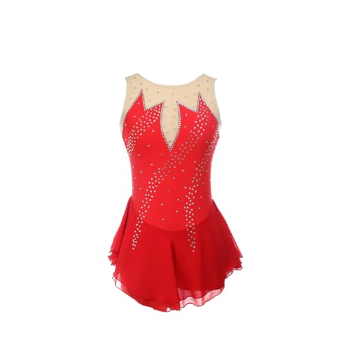 DDJITUO Eiskunstlauf Kleid, Klassisches ärmelloses Wettkampfkostüm mit Strasssteinen, Gymnastik-Ballett-Tanz-Trikotkleid,XS, Red von DDJITUO