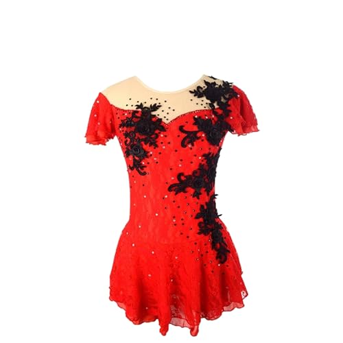 DDJITUO Eiskunstlauf Kleid, Kurzärmeliges Wettkampfkostüm mit Spitzenblumen und Strasssteinen, Gymnastik-Ballett-Tanzkleid,2XL,Red von DDJITUO