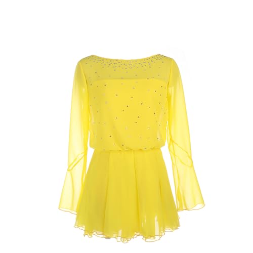 DDJITUO Eiskunstlauf Kleid, Lange Ärmel aus Netzstoff mit glitzernden Strasssteinen Wettkampfkostüm, Gymnastik-Ballett-Tanz-Trikotkleid,2XL,Yellow von DDJITUO